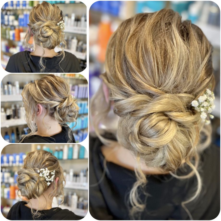 Updo bridal hairstyle low bun blonde hair